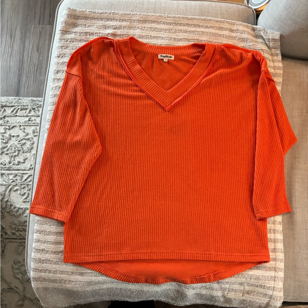 Bright Orange V-Neck Ribbed Long Sleeve